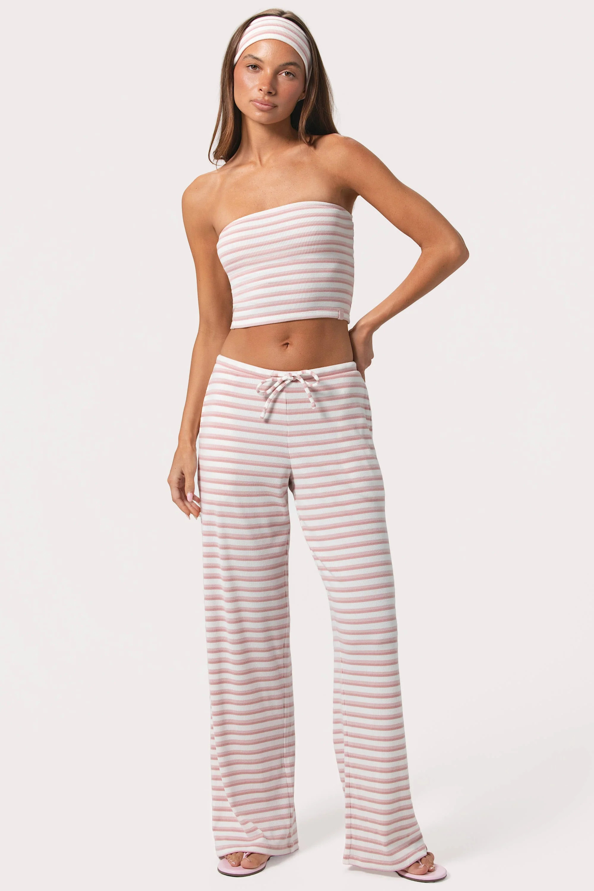 Ribbed Jersey Low-Rise Trousers in Pink Stripe | Bo+Tee