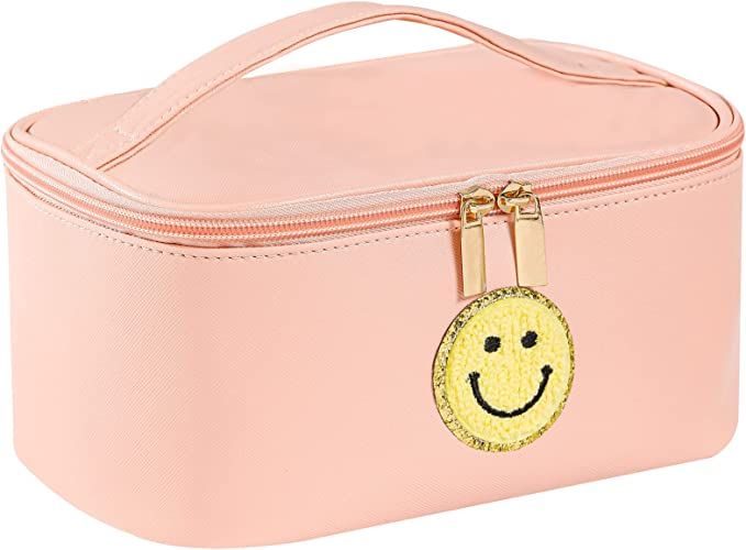 WALONER Preppy Patch Makeup Bag Leather Cosmetic Bag Large Makeup Pouch, Portable Waterproof Trav... | Amazon (US)