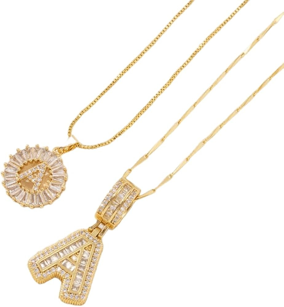 2 Pack Initial Letter Pendant Necklaces With Zircon Stones for Women,Personalized Alphabet Pendan... | Amazon (US)