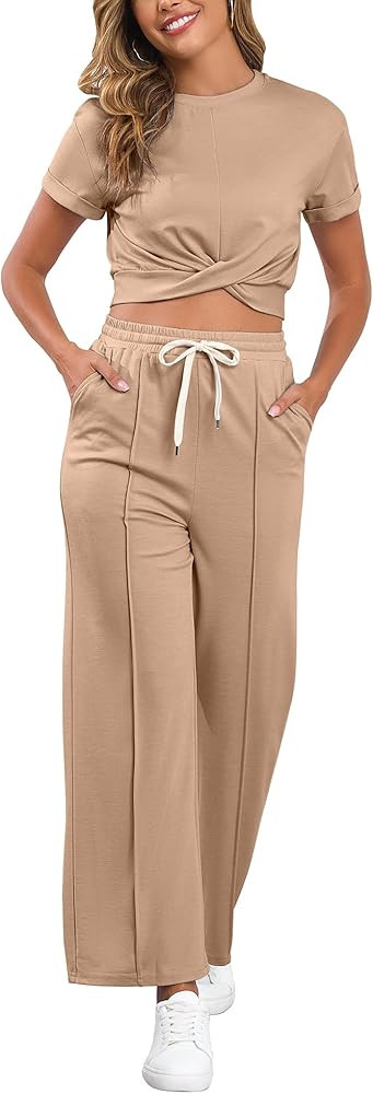 Two Piece Sets for Women Summer Outfits Lounge Sets Twist Front Crop Tops Wide Leg Pants Vacation... | Amazon (US)