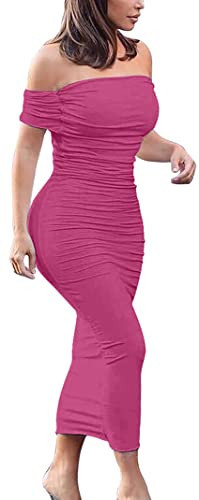 GOBLES Women's Ruched Off Shoulder Short Sleeve Bodycon Midi Elegant Cocktail Party Dress Rose | Amazon (US)