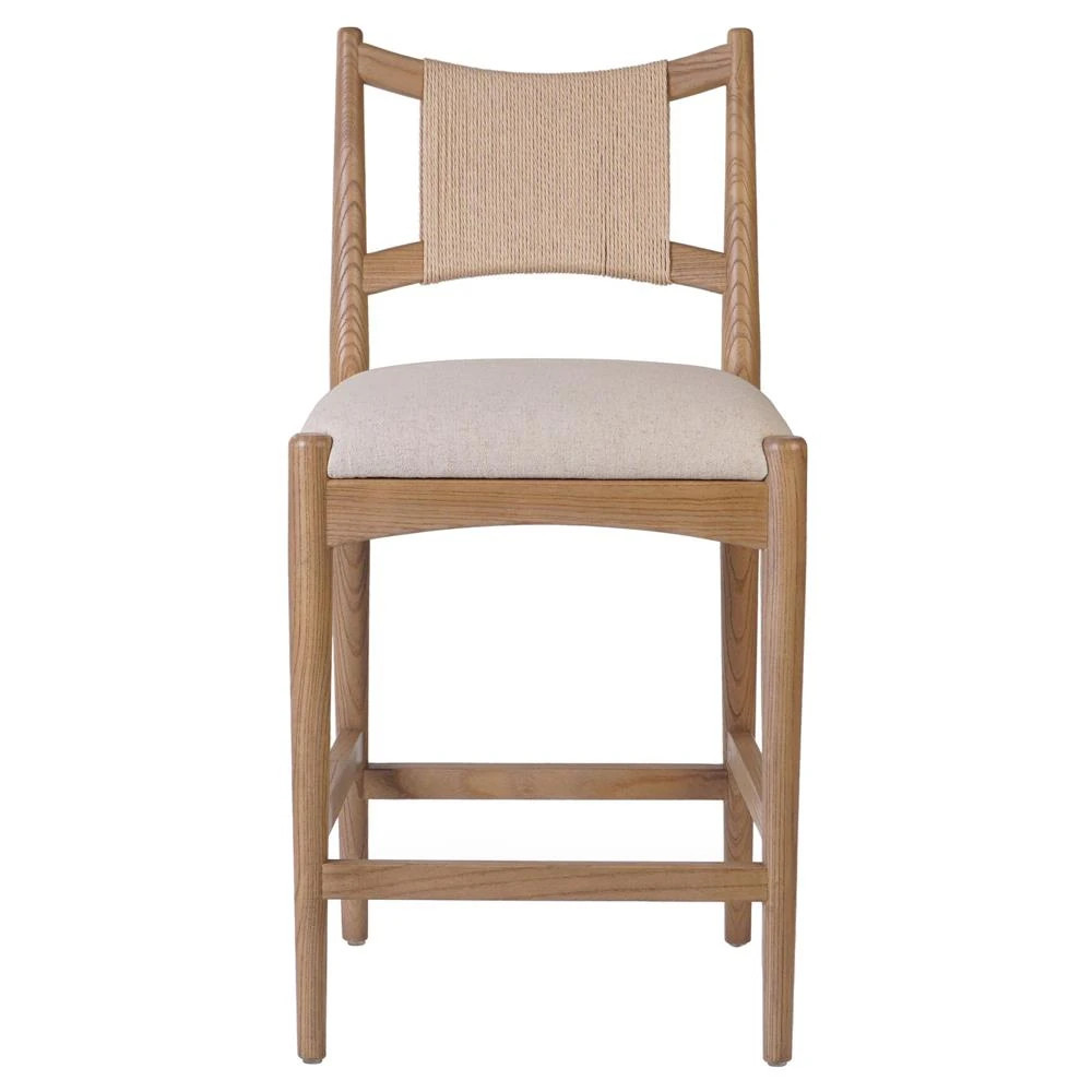 Harley Coastal Beach Beige Performance Linen Natural Wood Counter Stool | Kathy Kuo Home