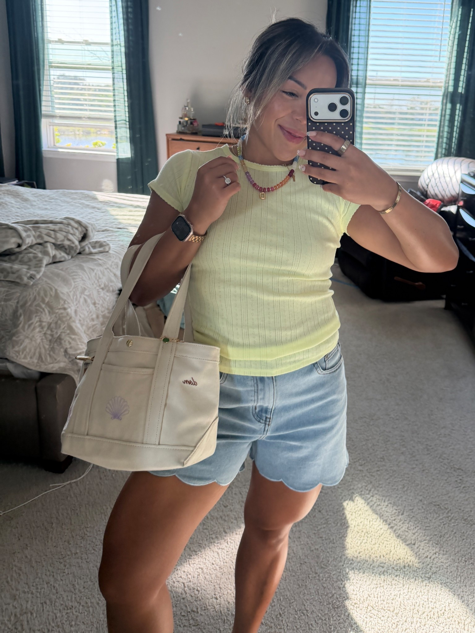 Cute spring fit!! Walmart top. Wearing a small. Amazon shorts, wearing a small! And my custom tote is 20% off right now! 

#LTKgrwm #LTKPetite #LTKootd