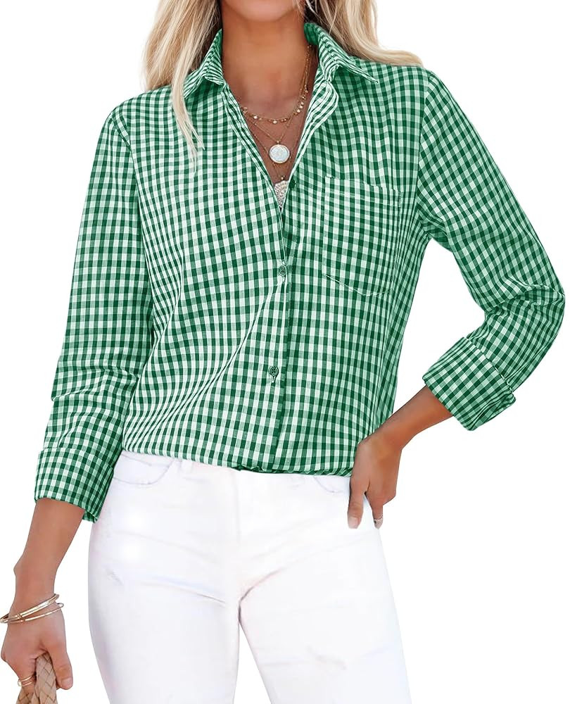 siliteelon Button Down Shirts for Women Gingham Top Plaid Long Sleeve Dress Shirts Cotton Fitted ... | Amazon (US)