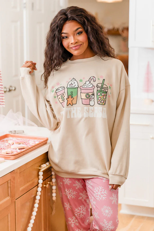 Tis The Season Winter Light Tan Oversized Graphic Sweatshirt | Pink Lily