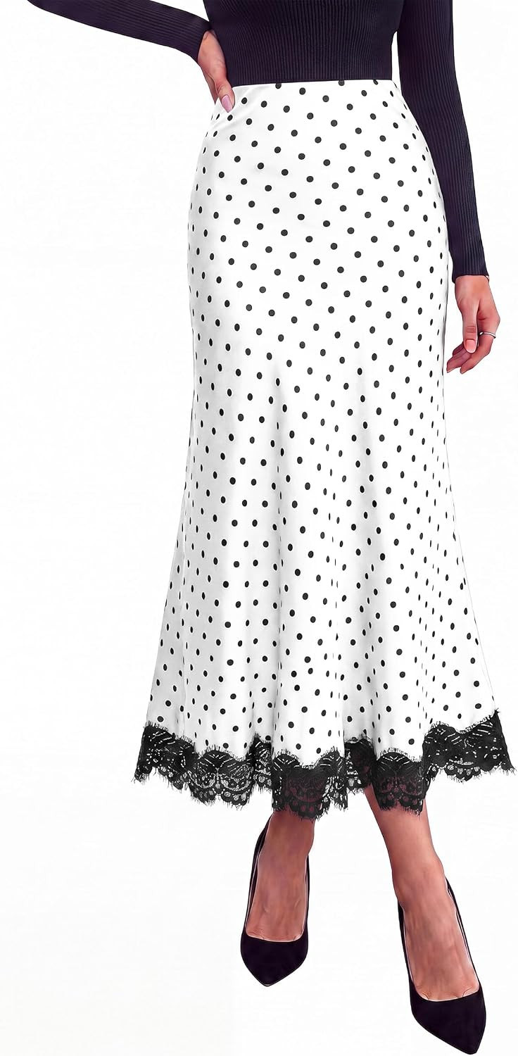 PRETTYGARDEN Women's Polka Dot Satin Skirt Fall Flowy Midi Leopard Skirts | Amazon (US)