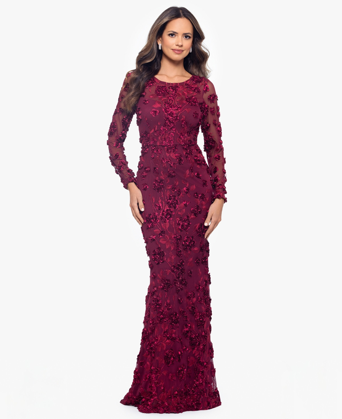 Xscape Women's Long Sleeve Rose Flower Dress - GARNET | Macy's