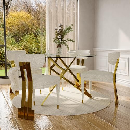 Anewsun Off White and Gold Dining Chairs Set of 4, Boucle Dining Chair with Curved Wing Back Glossy Stainless Steel Legs, Comfortable Dining Chair for Dining Room, Kitchen | Amazon (US)