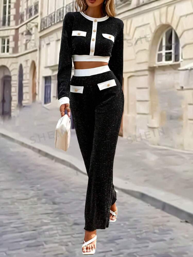 SHEIN EZwear Women's Contrast Color Round Neck Long Sleeve Crop Top And Pants Casual 2 Piece Set,... | SHEIN