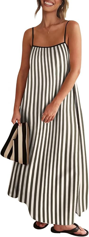 Senllen Women's Linen Dress Summer Loose Flowy Sundress Contrast Spaghetti Strap Sleeveless Backl... | Amazon (US)