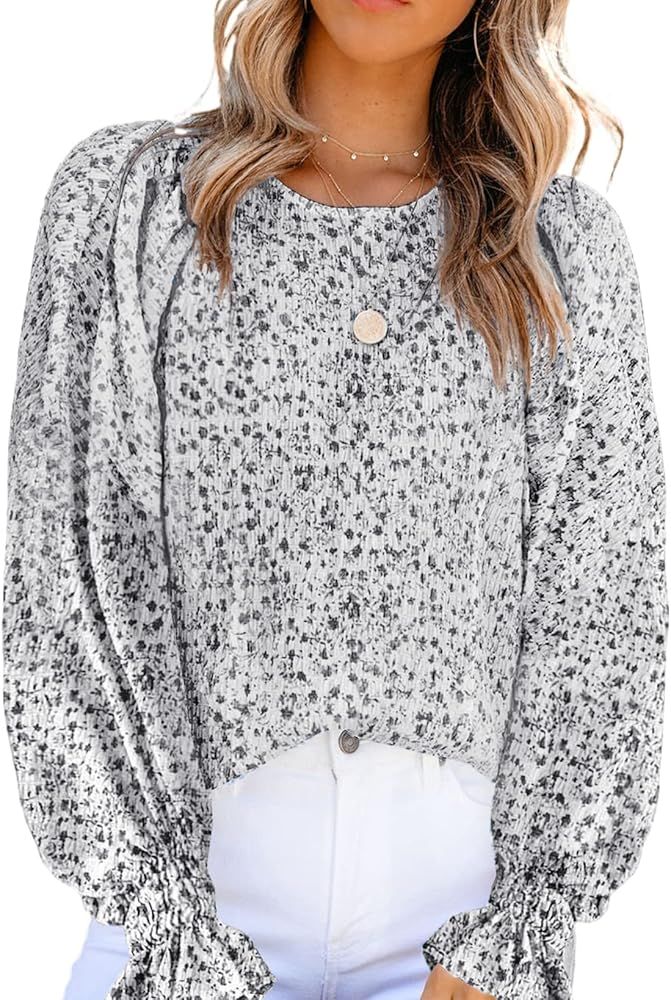 Dokotoo Floral Print Blouses for Women Crewneck Smocked Puff Sleeve Shirts Casual Babydoll Tops | Amazon (US)