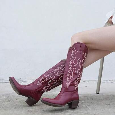 A Pair Women Pink Cowboy Boots Mid Calf Cowgirl Boots Sky Blue Western Boots Embroidered Suede Boots Pull On Almond Toe Chunky Heel Boots | SHEIN