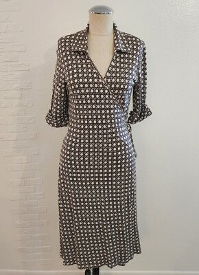 Ann Taylor Women's Knit Silk Brown White Cane Pattern Wrap Dress | eBay US