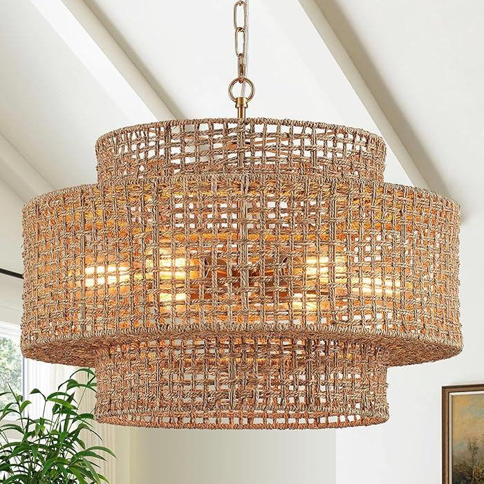 23.8" Large Rattan Chandelier Light Fixture 6-Light Vintage Farmhouse Hand-Woven Boho Bamboo Ratt... | Amazon (US)