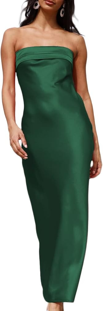 Realtix Satin Silk Backless Tube Tops Maxi Dress for Women Low Back Hollow Out Elegant Strapless ... | Amazon (US)