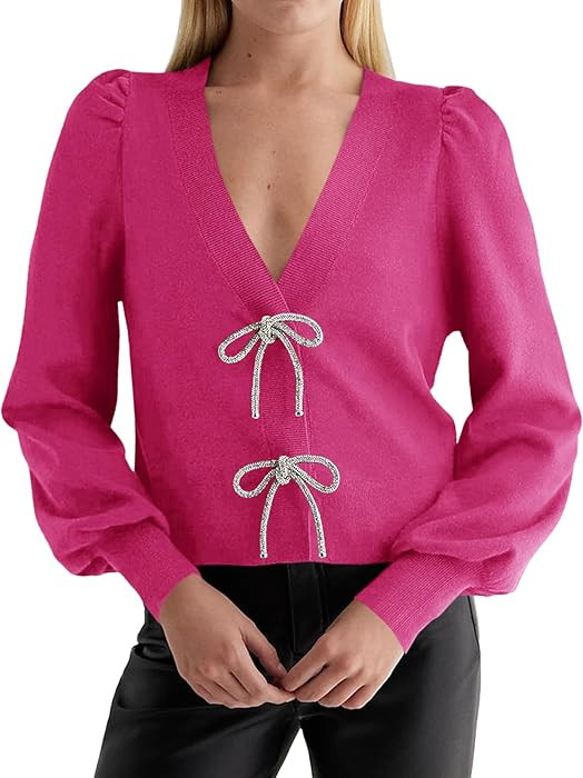 Saodimallsu Womens Puff Long Sleeve Sweaters V Neck Cropped Bow Button Front Cozy Knit Cardigan S... | Amazon (US)