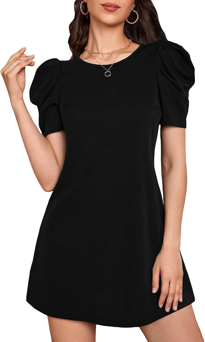 WDIRARA Women's Summer Puff Short Sleeve Casual Dress Round Neck Fashion Elegant A Line Dresses | Amazon (US)