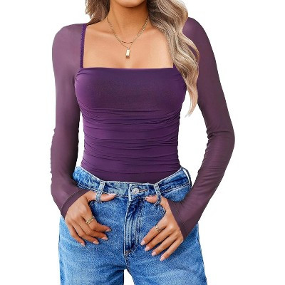 Avidlove Women's Square Neck Mesh Long Sleeve Bodysuit Shirts Ruched Body Suit Sheer Tops Date Night Outfit-Deep Purple Red-M | Target