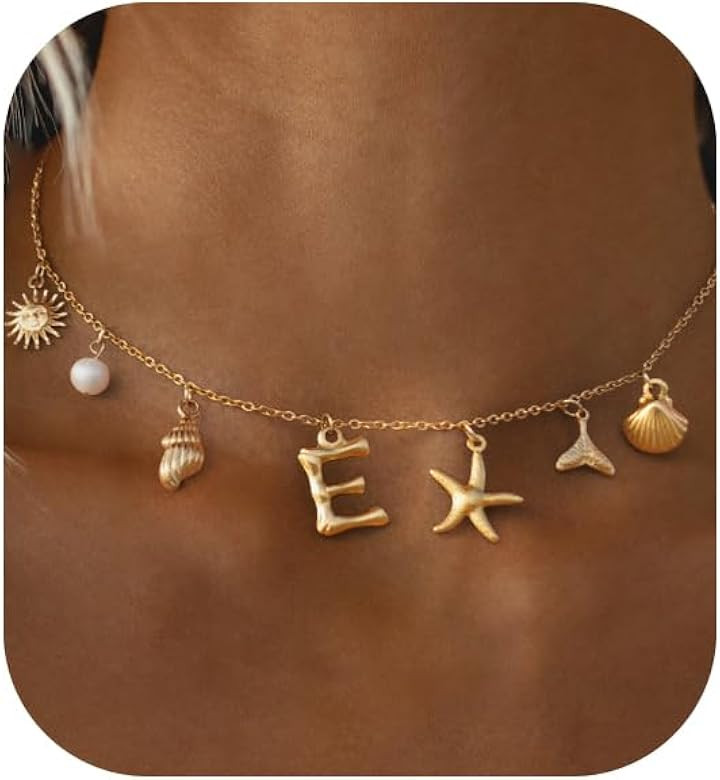 Ewrkbr Charm Initial Necklace for Women, 14K Gold Plated Summer Seashell Letter Necklace Boho Bea... | Amazon (US)
