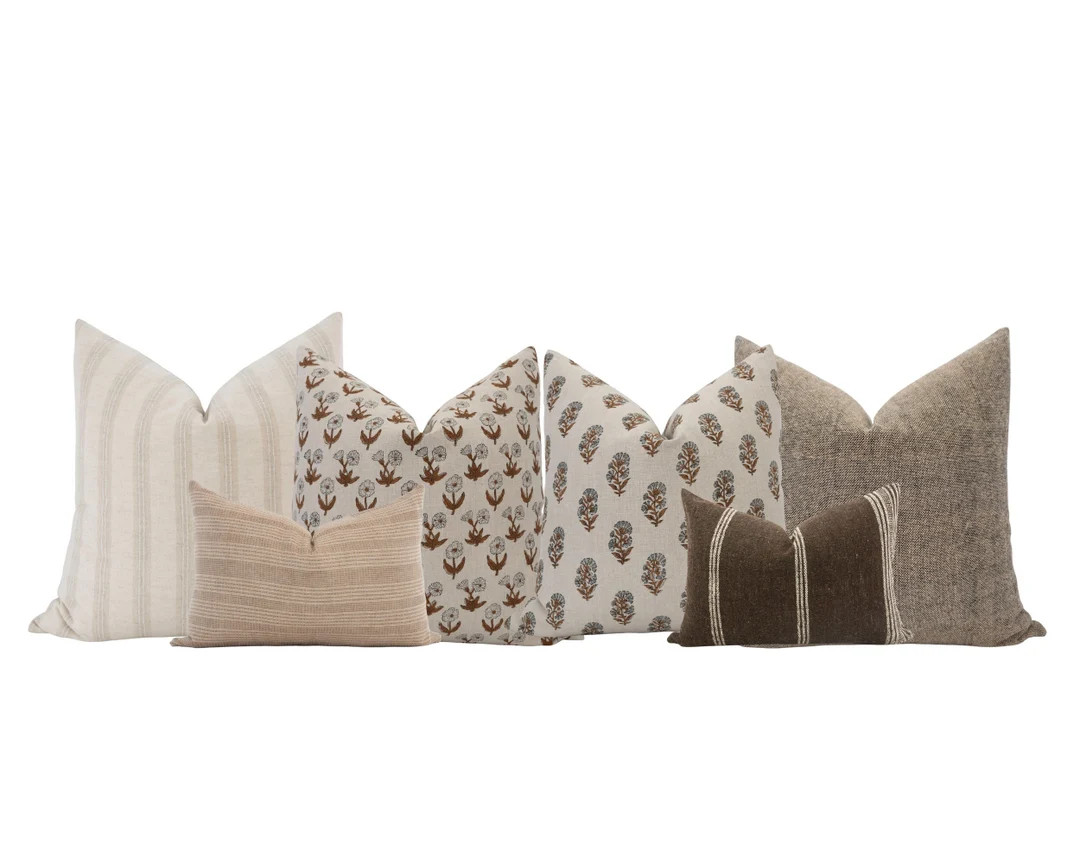 Brown Pillow Cover Combo Warm Neutral Pillows Moody Floral Pillow Combo Blue Pillow Cover Combo N... | Etsy (US)