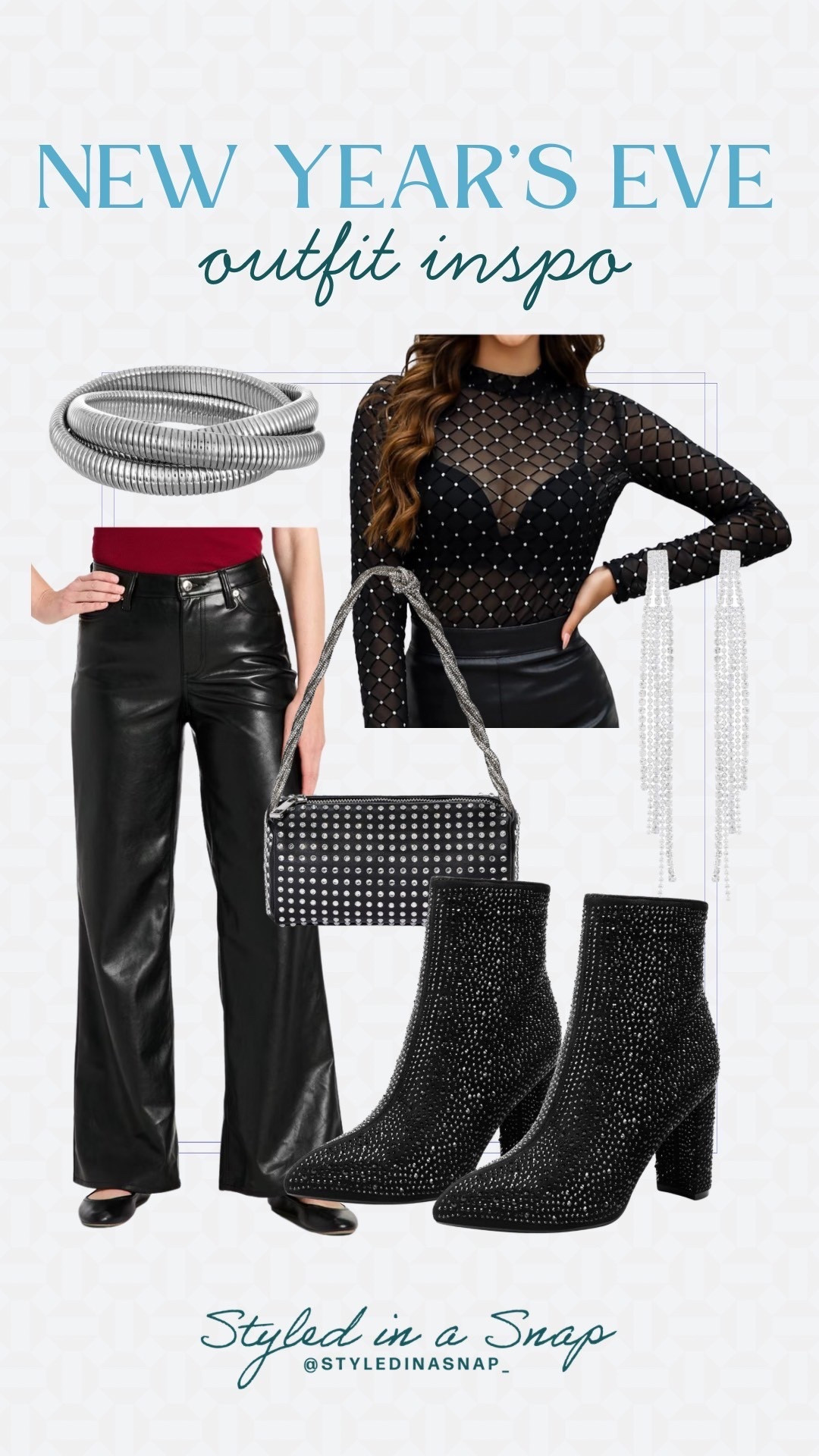 Give me all the sparkles for New Year’s Eve! I love this pairing of the mesh embellished top and these gorgeous leather look pants from Target. The extra sparkle from the earrings, boots and handbag are perfect for a fun celebration! 
New Year’s Eve outfit inspo, moms night out outfit inspo 

#LTKHoliday #LTKSeasonal #LTKOver40