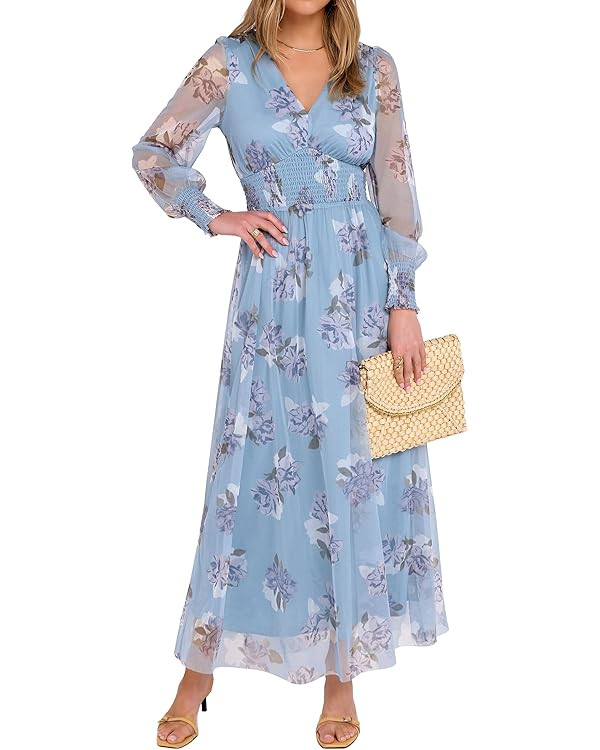 ANRABESS Women's Floral Maxi Dress 2025 Fall V Neck Puff Long Sleeve Flowy Casual Wedding Guest T... | Amazon (US)