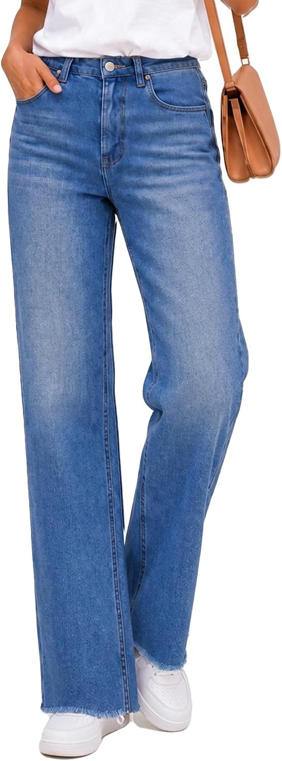 High Waisted Straight Leg Jeans for Women Frayed Raw Hem Stretchy | Amazon (US)