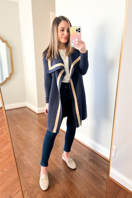 Wearing today 

Jeans petite 24/00 (stretchy, true to size, high rise) 
Top xxs 
Cardigan petite xxs 
Shoes true to size color is soft beige 


#LTKworkwear