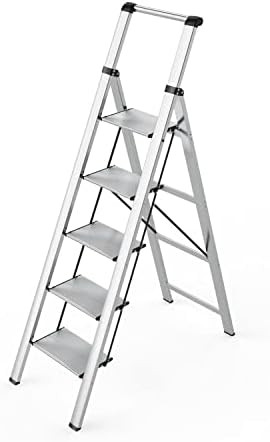 5 Step Ladder, Folding Step Stool, Lightweight Aluminum Silver Foldable Ladder with Anti-Slip Wid... | Amazon (US)