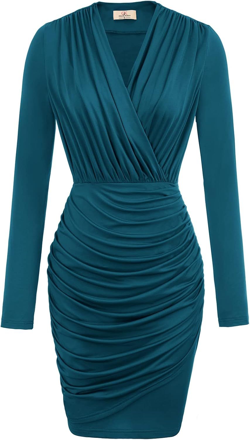 GRACE KARIN Women Retro Long Sleeve Ruched Wrap Party Pencil Dress | Amazon (US)
