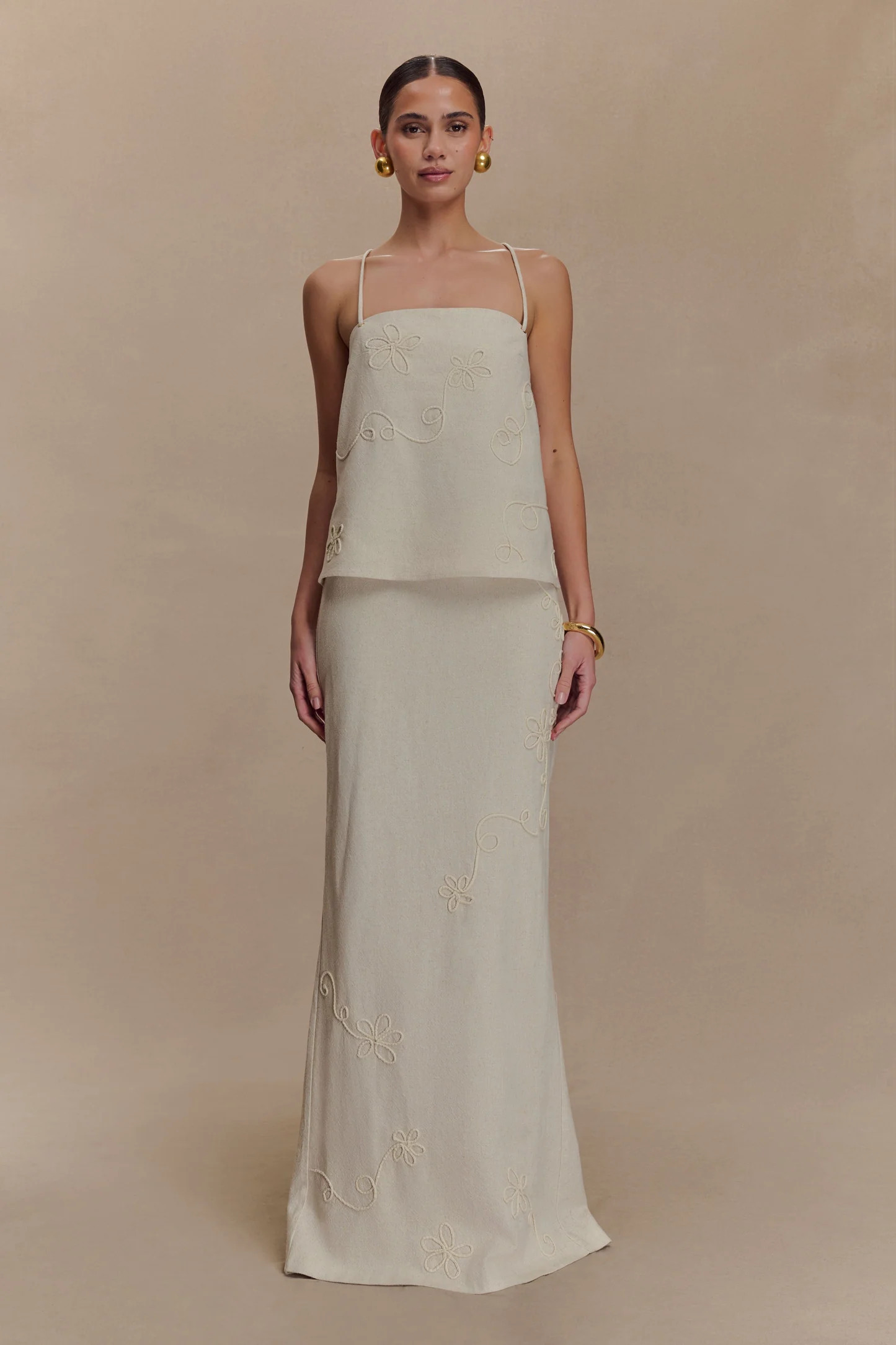 Linen Corded Embroidered Linen Top - Natural | MESHKI US
