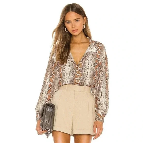 Smythe 100% Polyester Poet Blouse Top Size S/P Brown Desert Snake Button Down | Poshmark