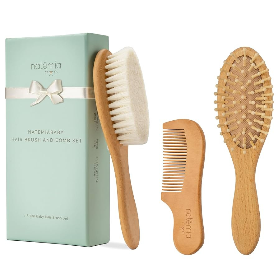 Natemia Wooden Baby Hair Brush & Comb Set for Newborns - Soft Bristle, Toddler Cradle Cap Brush -... | Amazon (US)