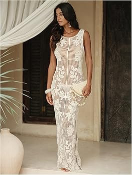 WDIRARA Women's Floral Crochet Sheer Cover Up Maxi Beach Dress Hollow Out Sleeveless Coverups | Amazon (US)