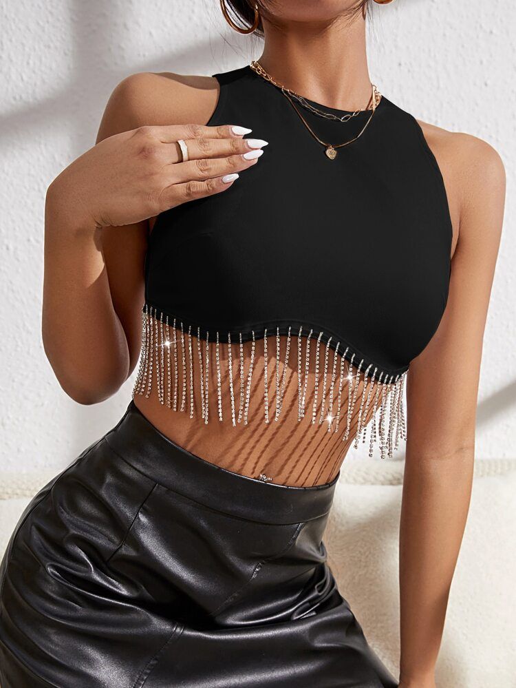 Rhinestone Fringe Zip Back Tank Top | SHEIN