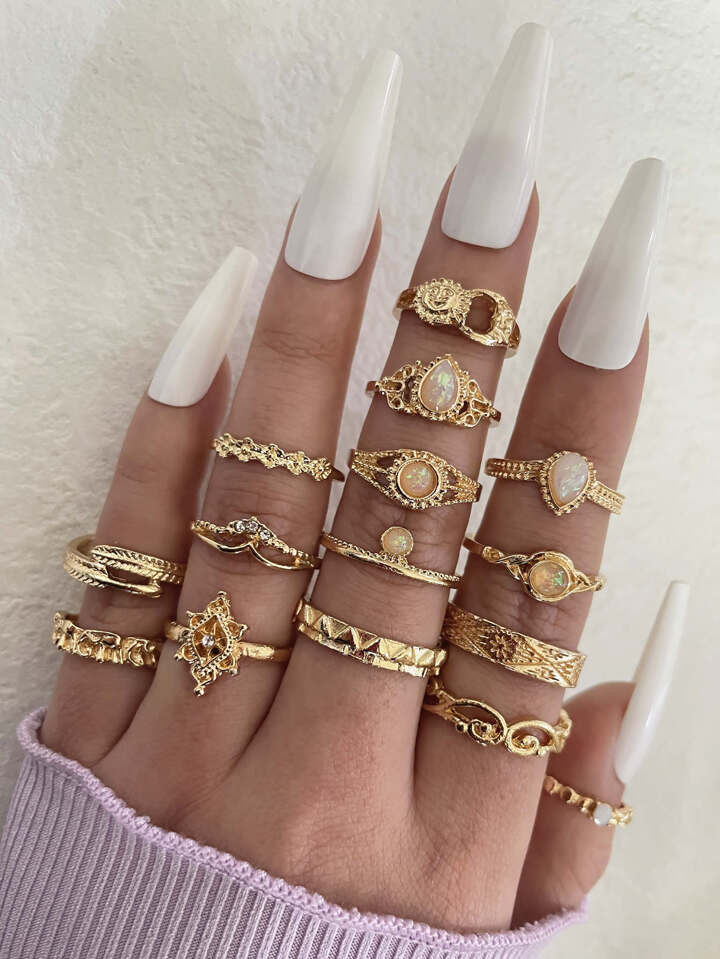 15pcs Gemstone & Rhinestone Decor Ring | SHEIN USA | SHEIN