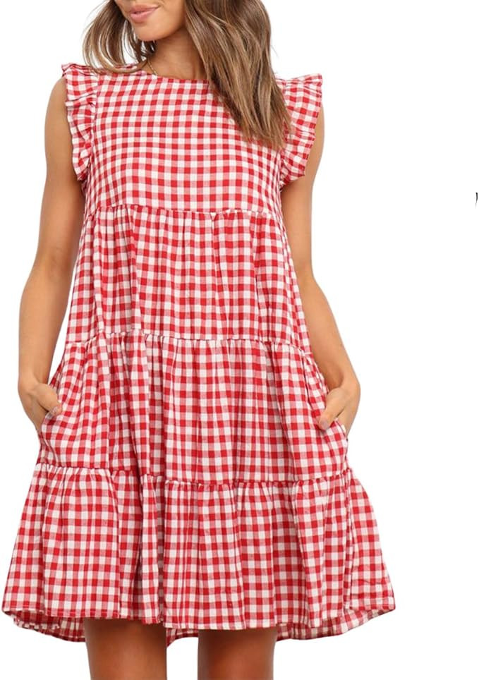 chouyatou Women's Summer Ruffle Puff Sleeve Babydoll Dress Cute Gingham Plaid Printed Tiered Midi... | Amazon (US)