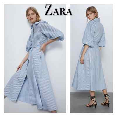 New ZARA Women Blue Striped Button Down Belt Shirt Dress Size XS | eBay US