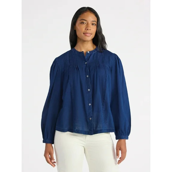 Time and Tru Women's Pintuck Blouse with Long Sleeves, Sizes XS-XXXL | Walmart (US)