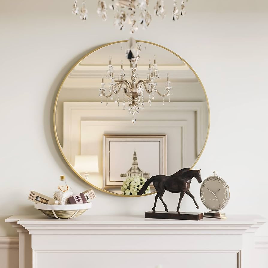 Growsun 39 inch Gold Round Mirror Large Wall Mounted Circle Mirror Metal Frame for Bathroom, Entr... | Amazon (US)