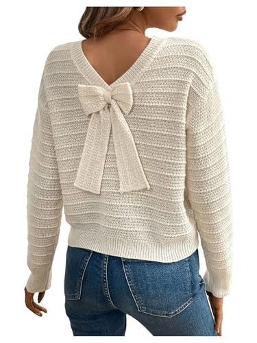 GORGLITTER Women's Bow Backless Sweater Long Sleeve Crew Neck Knitted Cute Pullovers Sweaters Beige X-Large | Amazon (US)