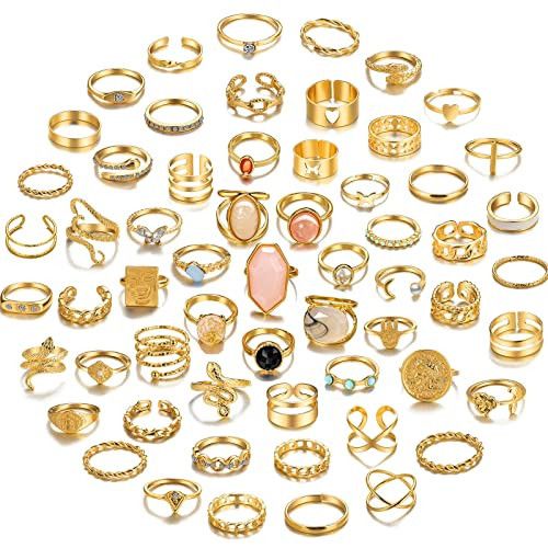 17KM 60 Pcs Gold Stacks Ring Sets for Women Non Tarnish, Dainty Vintage Stackable Rings Pack, Finger Midi Knuckle Rings for Jewelry Gift | Amazon (US)