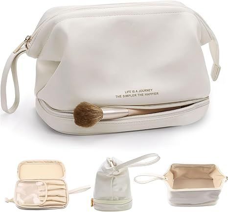 Travel Makeup Bag,Large Double Layer Make Up Bags with Brush Compartments,Portable Leather Toilet... | Amazon (US)