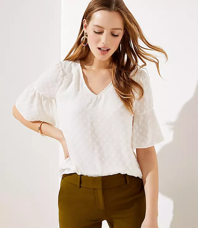 Diamond Textured Ruffle Sleeve Mixed Media Top | LOFT | LOFT