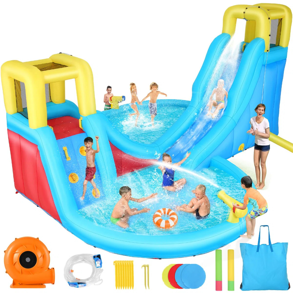 15.4' x 14.6' Bounce House with Air Blower & 2 Water Slides & 2 Splash Pools & 2 Climbing Walls | Wayfair North America