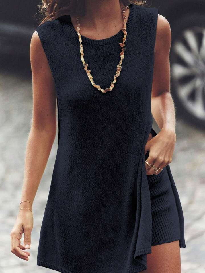 Women's Loose Solid Color Knitted Sweater Vest And Shorts Casual Two-Piece Set | SHEIN