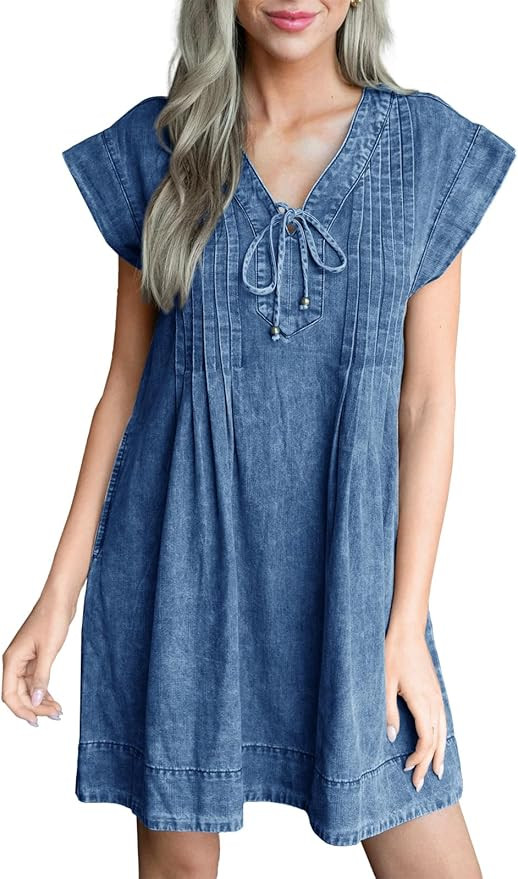 Wenrine Womens Denim Mini Dress Casual Summer Cap Sleeve Tie V Neck Loose Babydoll Jean Dresses | Amazon (US)