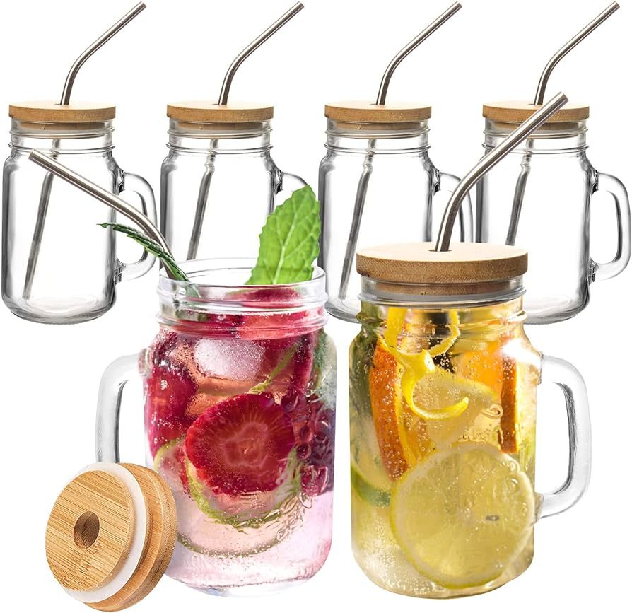 OAMCEG 6 Pack Mason Jars with Handle 16OZ Glass Mason Jar Cups with Lids and Straws, Large Glass ... | Amazon (US)