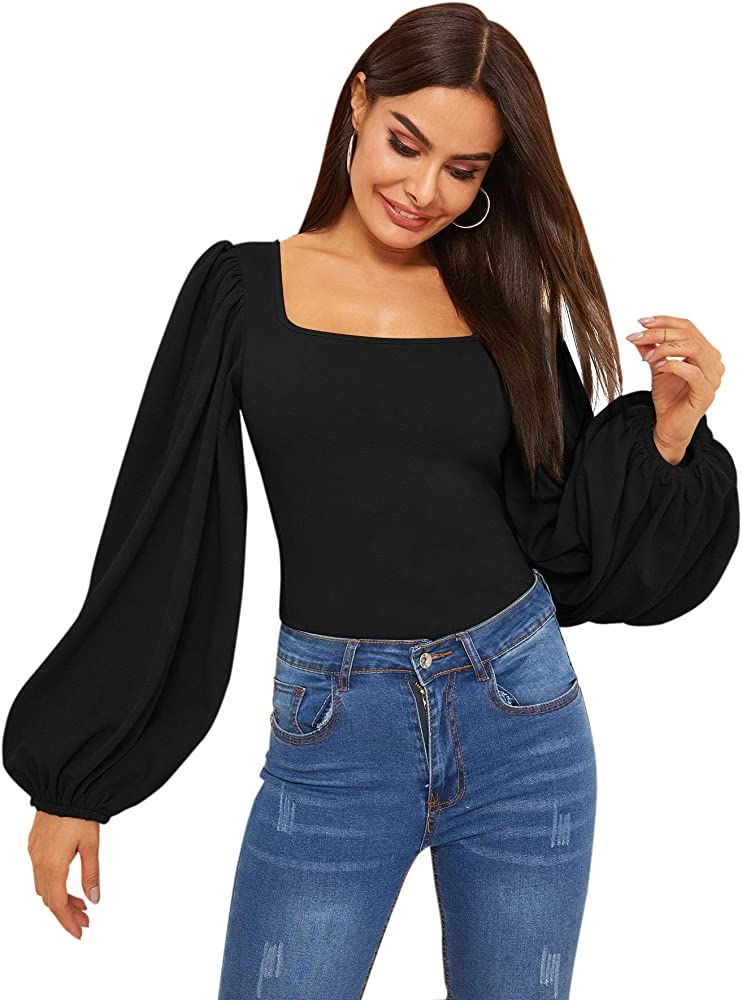 Romwe Women's Long Puff Sleeve Square Neck Slim Fit Crop Tops Blouse Sweatshirt | Amazon (US)