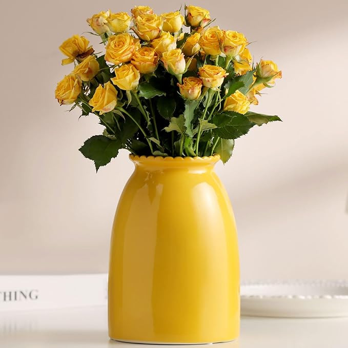 hjn Yellow Flower Vase- Ceramic Vase for Decor, Decor vase for Flowers, Modern Vases for Living R... | Amazon (US)